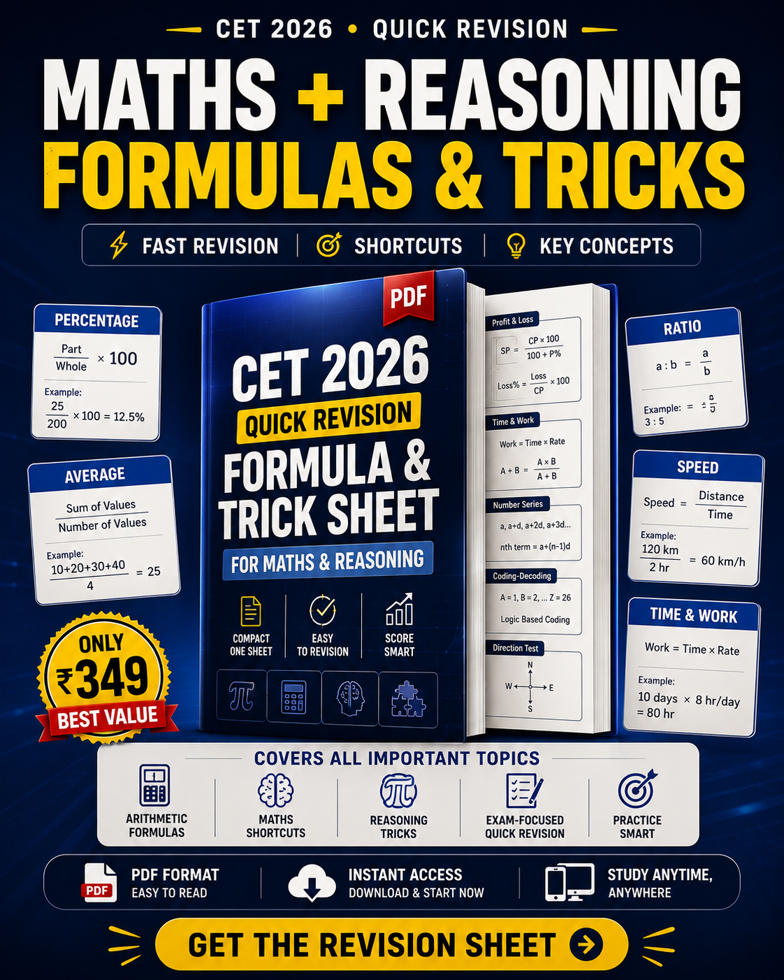 CET Quick Revision Formula & Trick Sheet for Maths & Reasoning