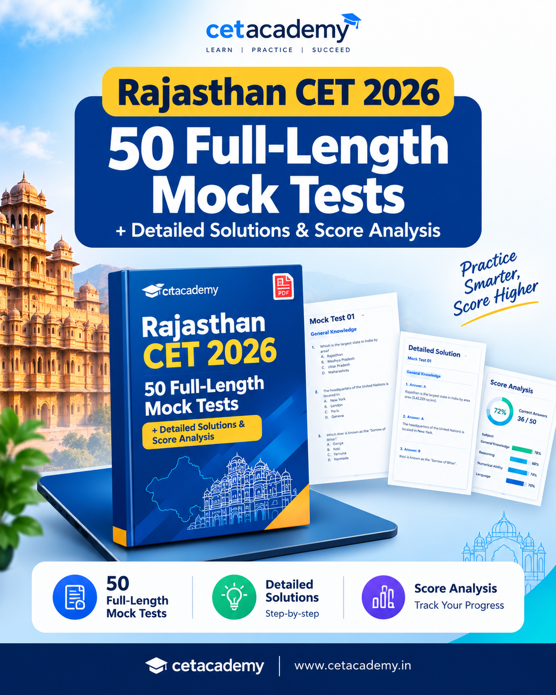 Rajasthan CET 2026 — 50 Full-Length Mock Tests + Detailed Solutions & Score Analysis